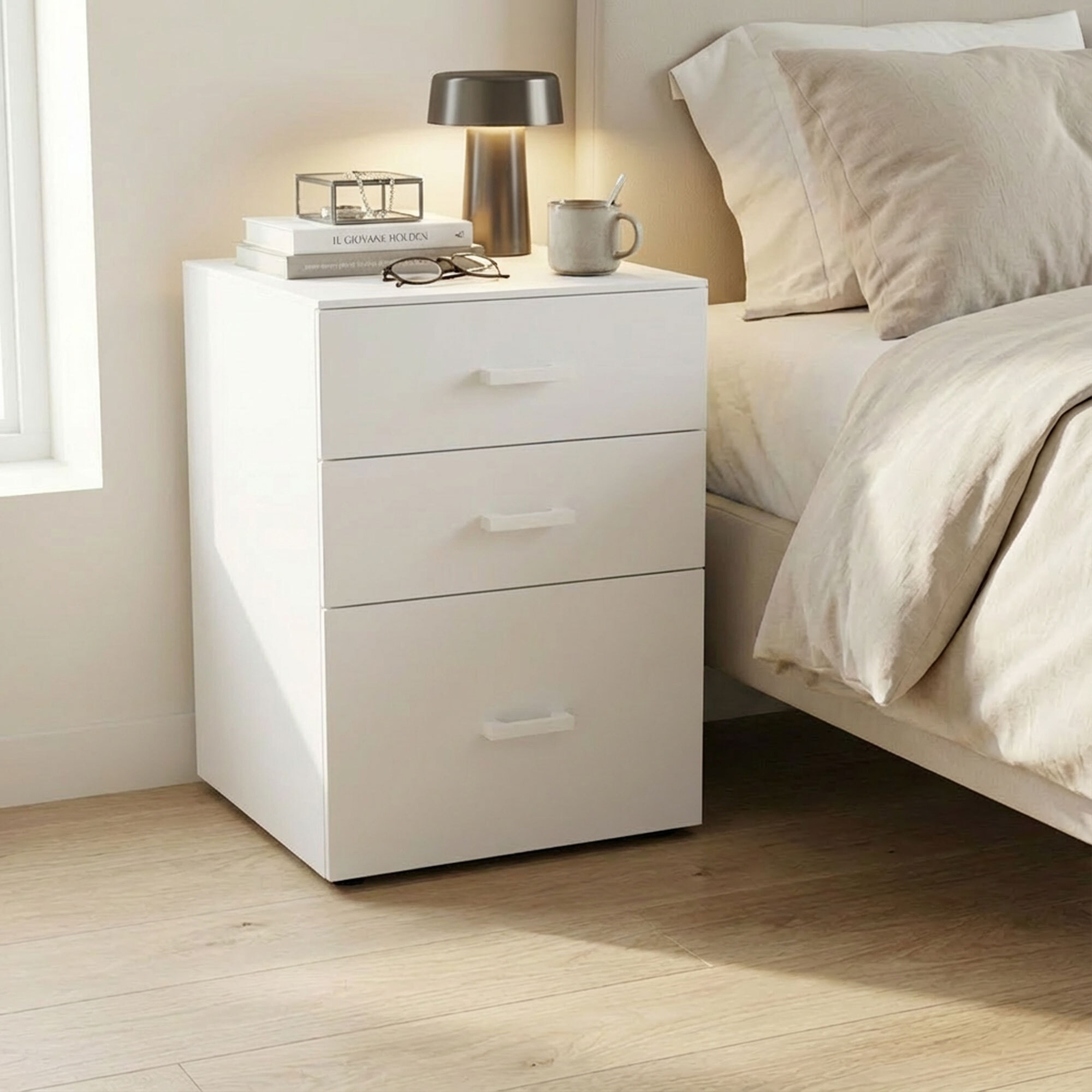 Lyra - Cassettiera Porta Stampante 3 Cassetti Mobiletto da Ufficio con Ruote in Legno MDF Bianco