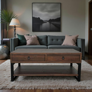 Table basse bois brun recyclé double plateau 2 tiroirs SAMOA