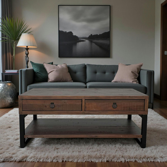 Table basse bois brun recyclé double plateau 2 tiroirs SAMOA