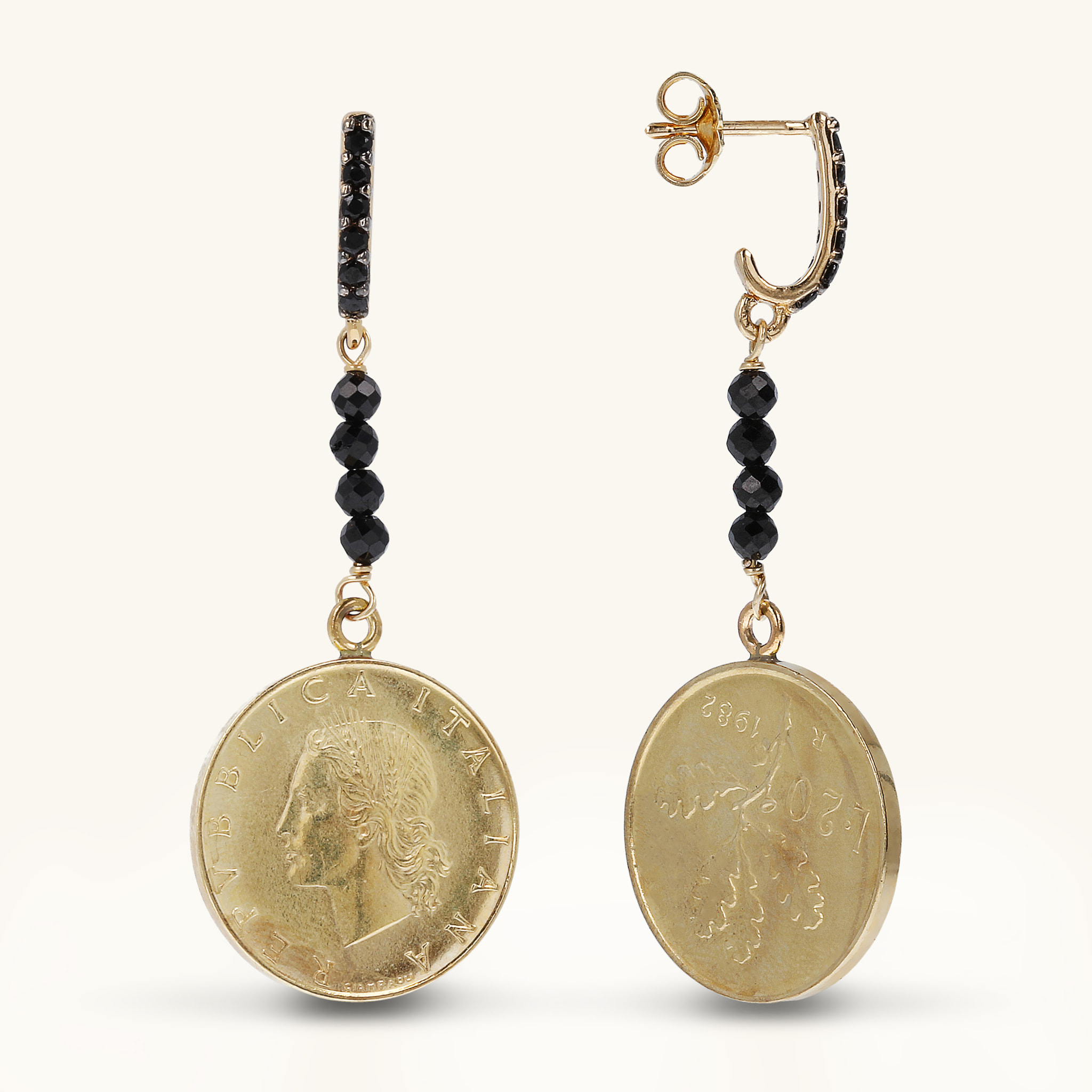 Orecchini Pendenti con Spinello Nero e Moneta