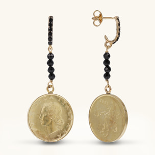 Orecchini Pendenti con Spinello Nero e Moneta