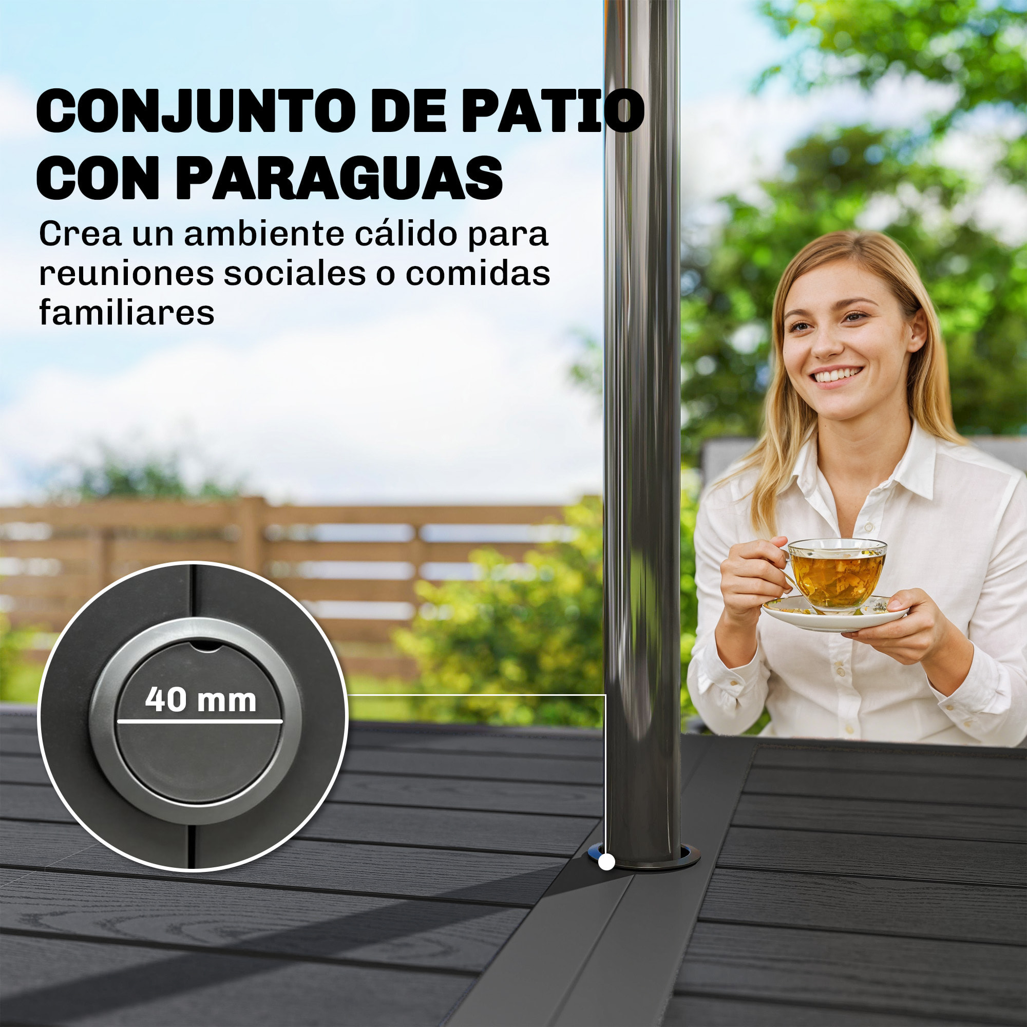 Conjunto de Mesa y Sillas Jardín de 7 Piezas, Muebles Jardín Exterior con Mesa Metálica Efecto Madera con Agujero, 6 Sillas Apilables Transpirables, Marco de Acero Resistente, Gris Mixto