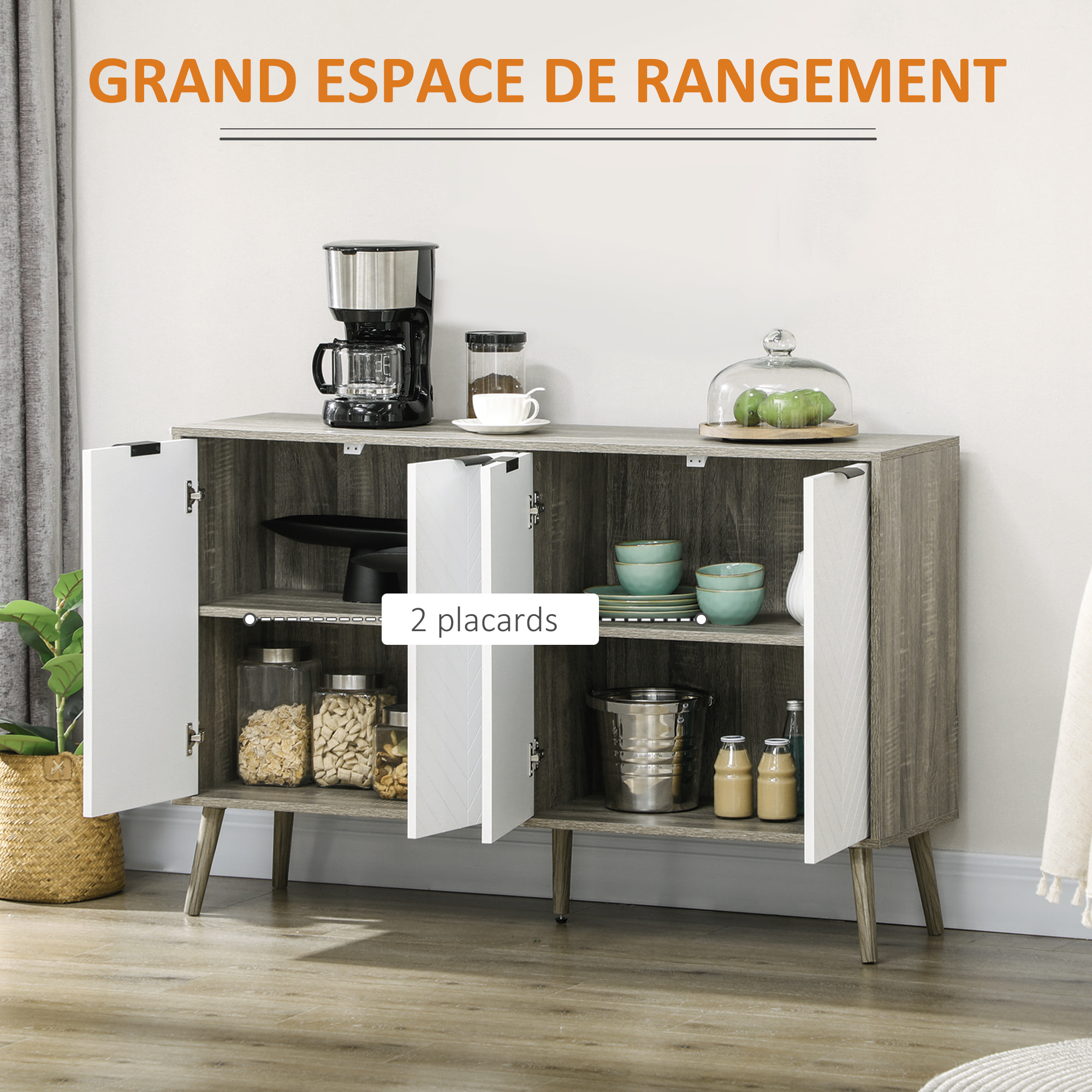 Buffet design scandinave 4 portes 2 étagères piètement bois de pin panneaux portes motif chevrons blanc aspect bois gris