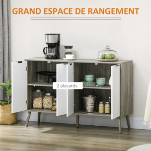 Buffet design scandinave 4 portes 2 étagères piètement bois de pin panneaux portes motif chevrons blanc aspect bois gris