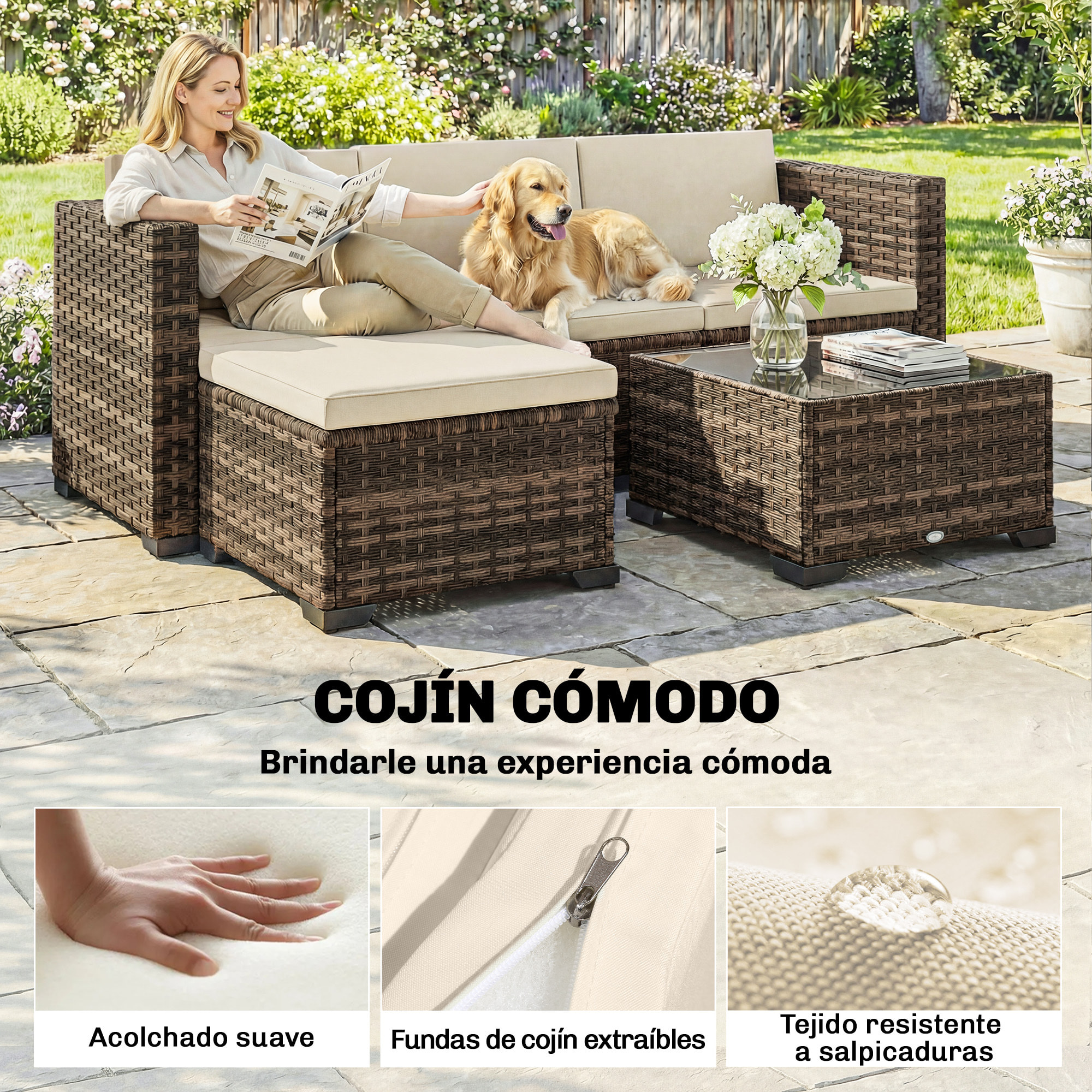 Conjunto de Jardín de Ratán de 5 Piezas, Conjunto Terraza Resistente, Muebles Jardín Exterior Incluye Cojines, 2 Sillones de Esquina, Sillón sin Brazos, Reposapiés y Mesa Centro, Caqui