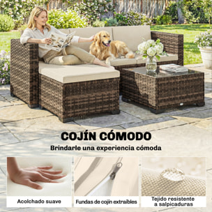 Conjunto de Jardín de Ratán de 5 Piezas, Conjunto Terraza Resistente, Muebles Jardín Exterior Incluye Cojines, 2 Sillones de Esquina, Sillón sin Brazos, Reposapiés y Mesa Centro, Caqui