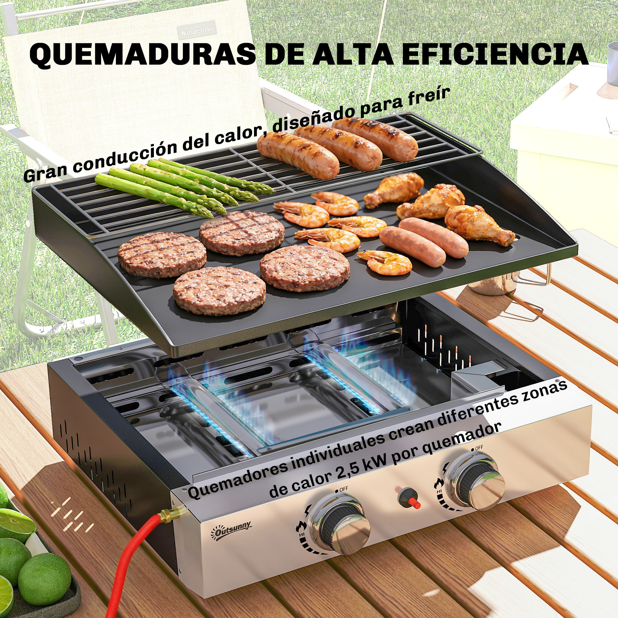 Barbacoa de Gas BBQ Gas con 2 Quemadores 5 kW, Barbacoa Portátil con Plancha, Rejilla Calentadora y Recogedor Grasa, para Camping, Picnic, Terraza, Negro