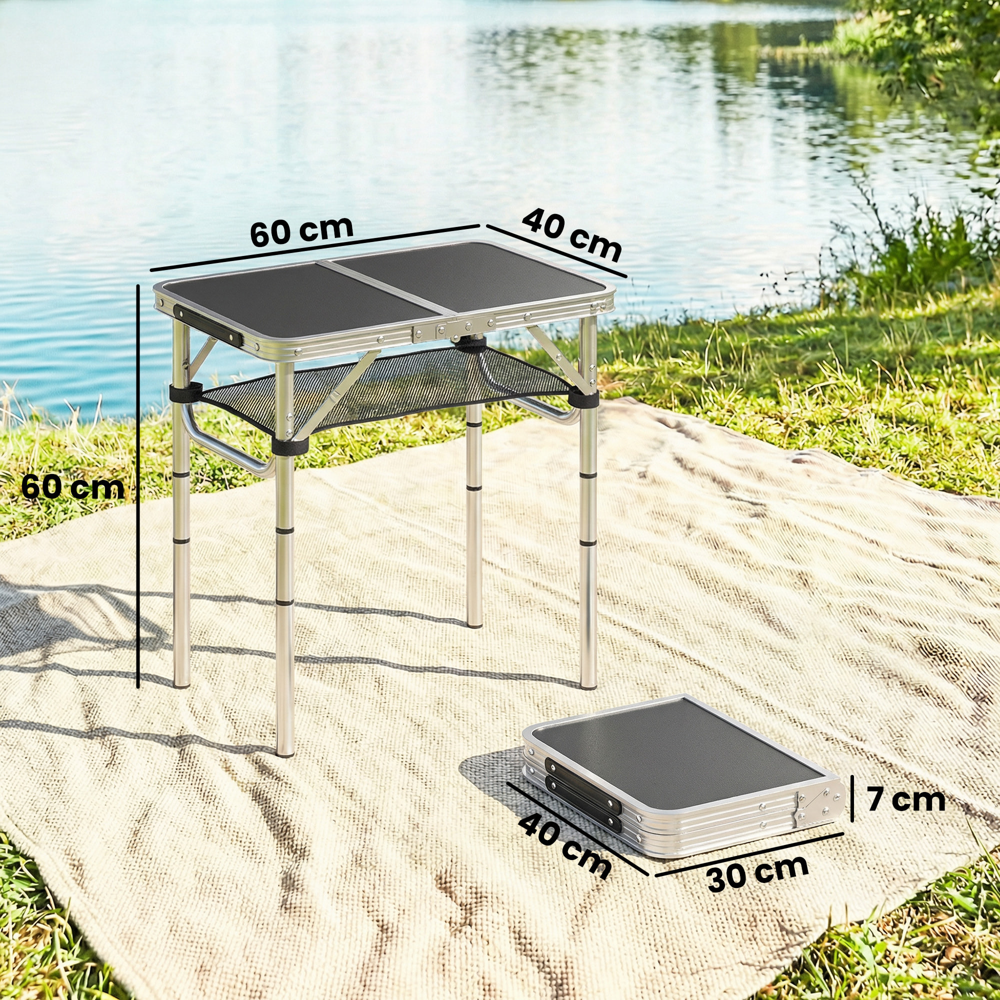 Mesa Plegable Camping, 60x40x60 cm, Mesa Plegable Portátil con Altura Ajustable en 4 Niveles, Red de Almacenamiento, Marco de Aluminio, para Acampar, Senderismo, Playa, Negro