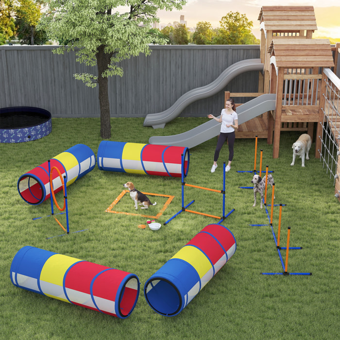 Kit agilité chien 12 pièces 4 tunnels sauts ajustables anneau slaloms frisbee balle et autres