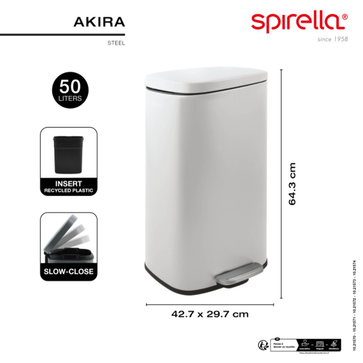 Poubelle à pédale de cuisine Inox AKIRA 50L Brossé Spirella