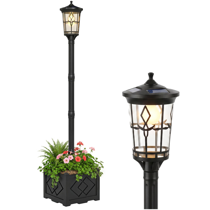Farola Solar Exterior de Jardín con Macetero, Luz Solar de Exterior LED, 2 Modos de Brillo 100/50 lm, Impermeable IP44, Encendido/Apagado Automático, para Terraza, Patio, 41,5x41,5x202,5 cm