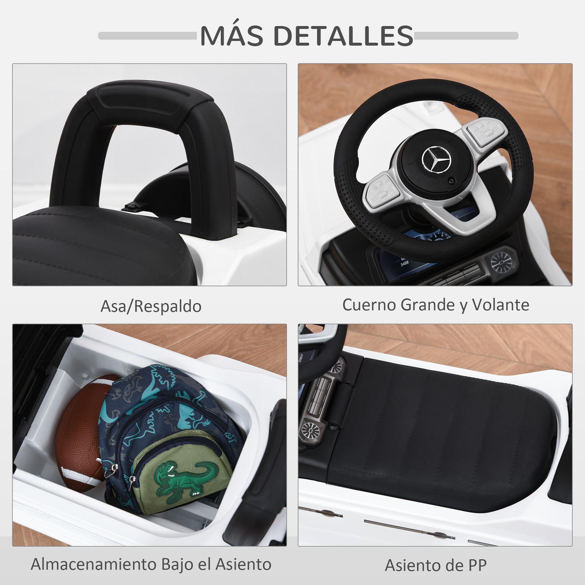 Correpasillos para Bebés de 12 a 36 Meses Coche Correpasillos Licencia Mercedes G350 con Compartimento de Almacenaje y Volante Carga 25 kg 62,5x28,5x45 cm Blanco