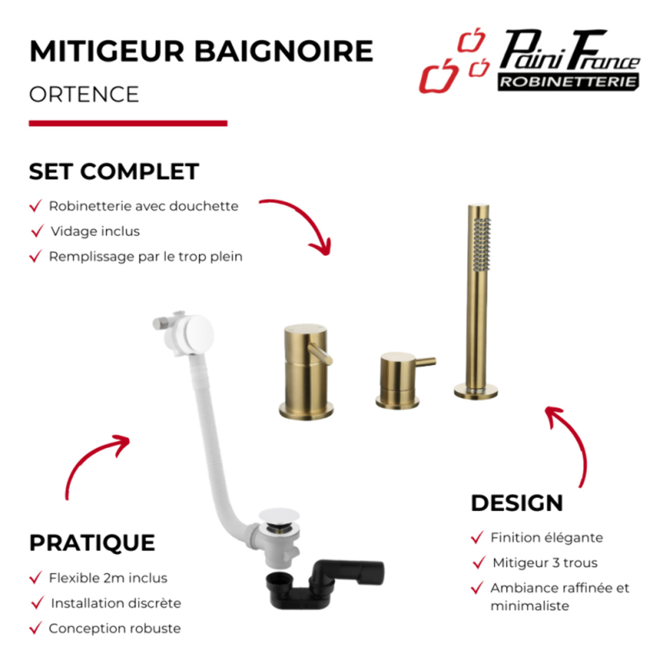 Mitigeur bain douche mécanique PAINI Ortence laiton brossé + Vidage trop plein et bonde clic-clac siphon 90cm PAINI blanc mat