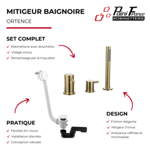 Mitigeur bain douche mécanique PAINI Ortence laiton brossé + Vidage trop plein et bonde clic-clac siphon 90cm PAINI blanc mat