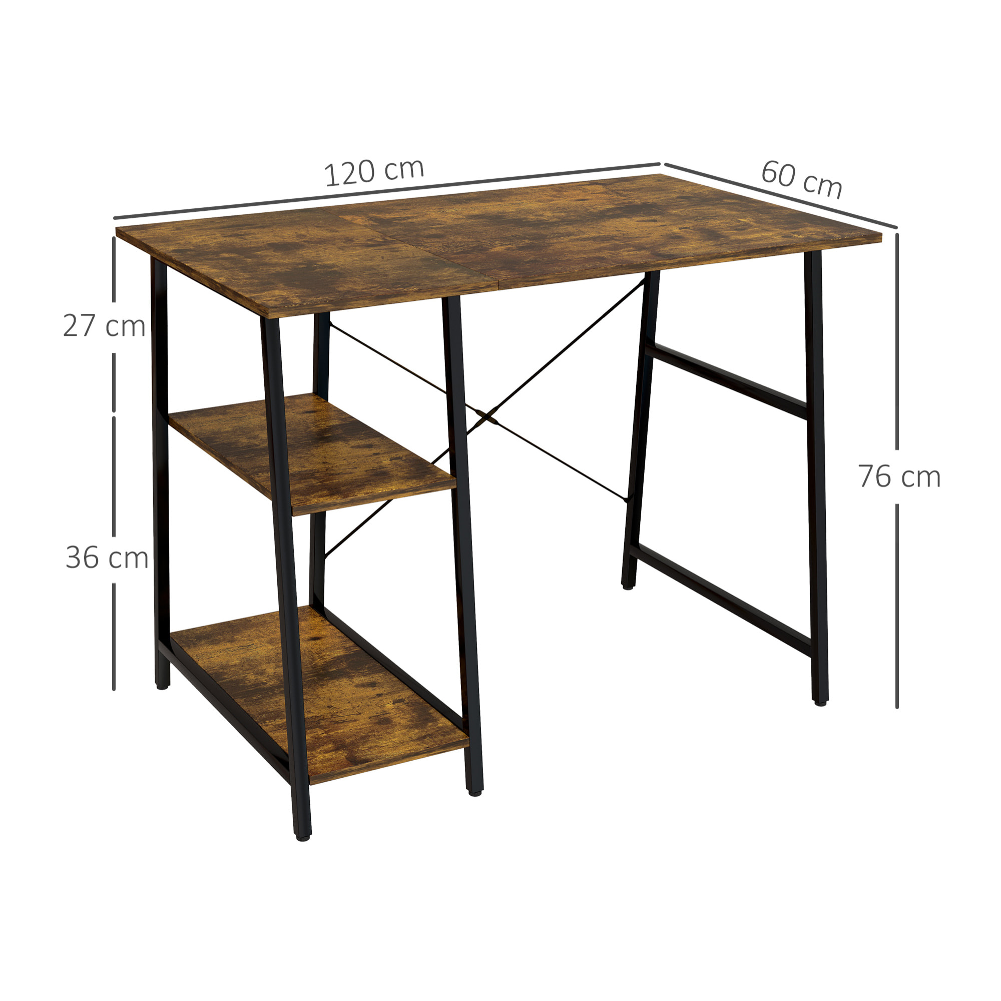 Bureau style industriel 2 étagères dim. 120 x 60 cm châssis métal noir effet bois vieilli