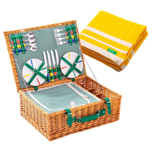 Kit de cesta de picnic para 4 personas + manta 140x190cm en algodón de punto amarillo.