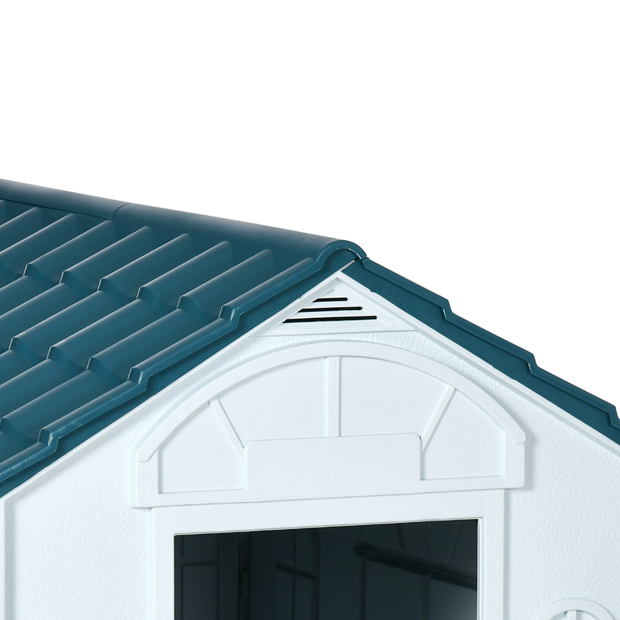 Niche chien style cottage - motifs fenêtres, porte, aération - PP blanc bleu