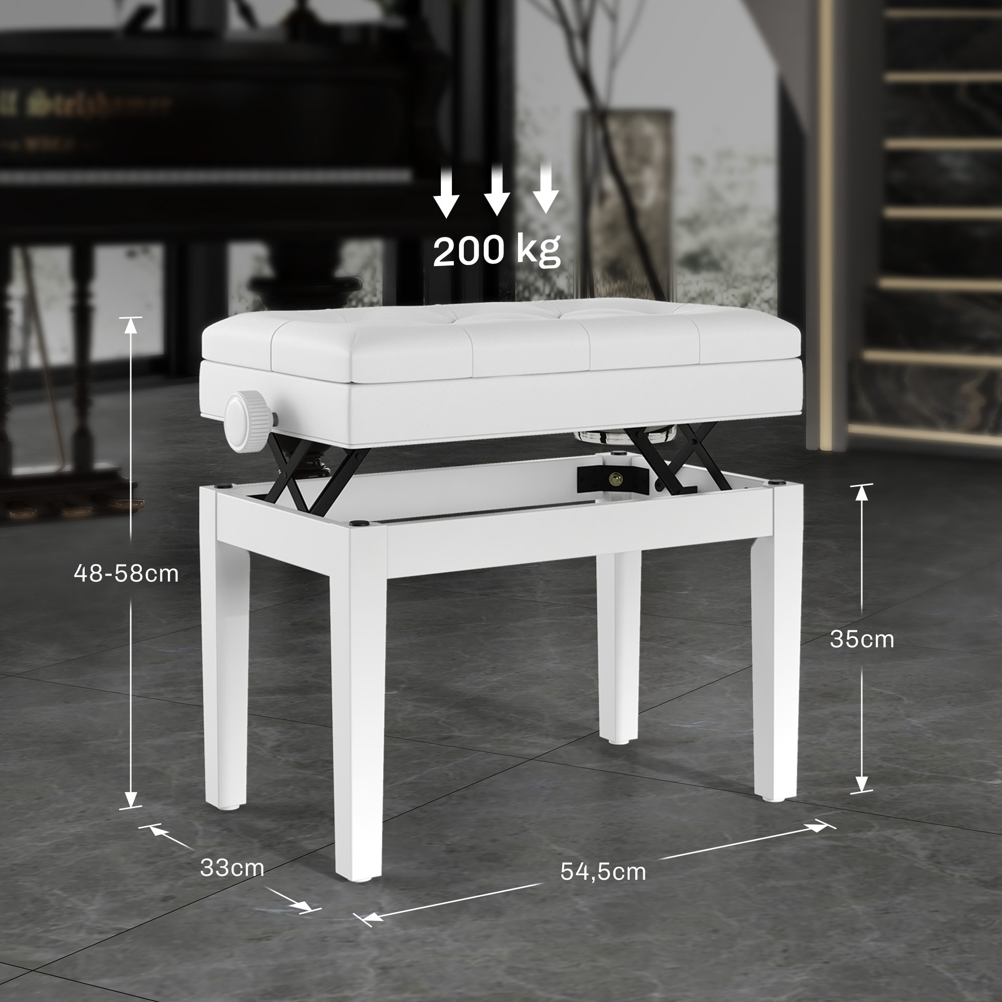 Banquette tabouret siège pour piano hauteur réglable 55L x 33l x 48-58H cm coffre de rangement interne assise revêtement synthétique capitonné bois blanc