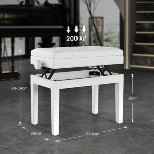 Banquette tabouret siège pour piano hauteur réglable 55L x 33l x 48-58H cm coffre de rangement interne assise revêtement synthétique capitonné bois blanc