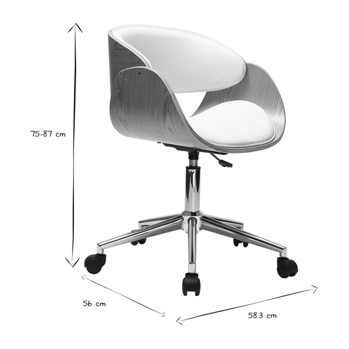 Chaise de bureau à roulettes design blanc, bois clair et acier chromé BENT