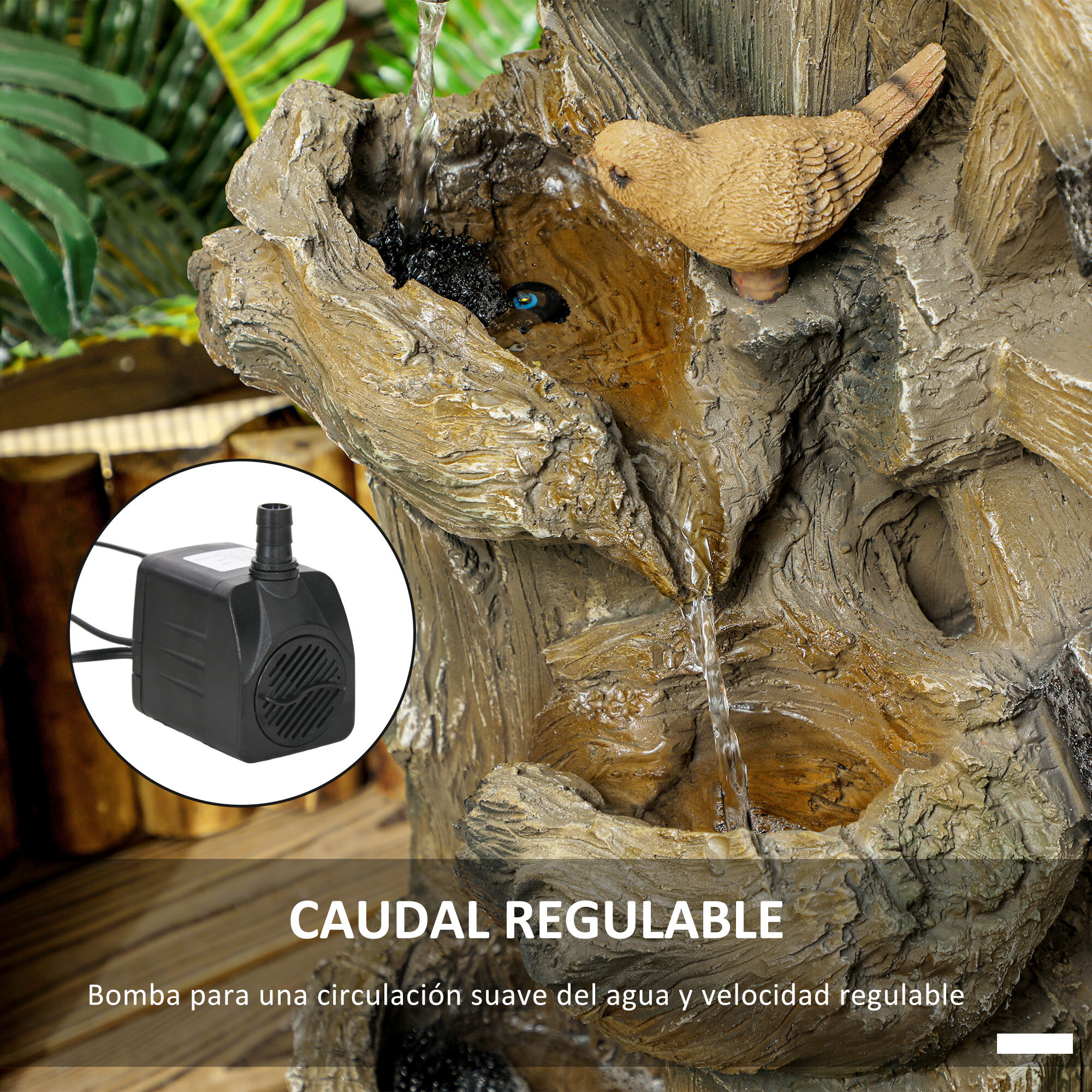 Fuente de Agua 2 en 1 con Casita para Pájaros Fuente de Jardín con Iluminación LED Fuente Decorativa en Cascada de 4 Niveles para Jardín Patio Terraza 34,5x29,5x92 cm Multicolor