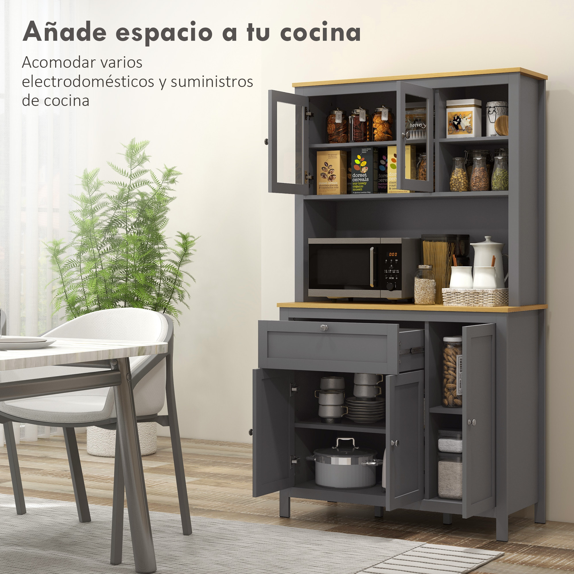Alacena de Cocina Alta, Mueble Auxiliar de Cocina, con 5 Puertas, Estante Ajustable, Cajón, Encimera Abierta de Microondas, Orificio para Cable, 100x40x180 cm, Gris