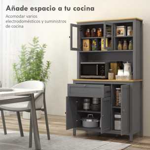Alacena de Cocina Alta, Mueble Auxiliar de Cocina, con 5 Puertas, Estante Ajustable, Cajón, Encimera Abierta de Microondas, Orificio para Cable, 100x40x180 cm, Gris