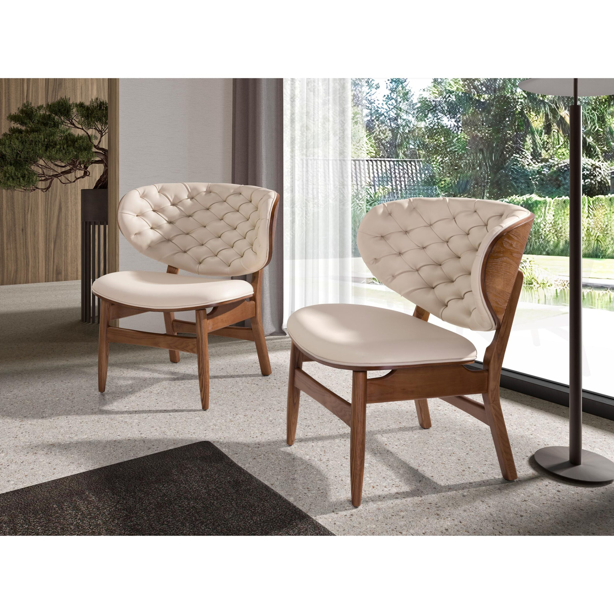 Sillón Angel Cerdá tapizados en polipiel en arena detalle en madera chapada en nogal natural patas de madera en noga 78x69x80cm