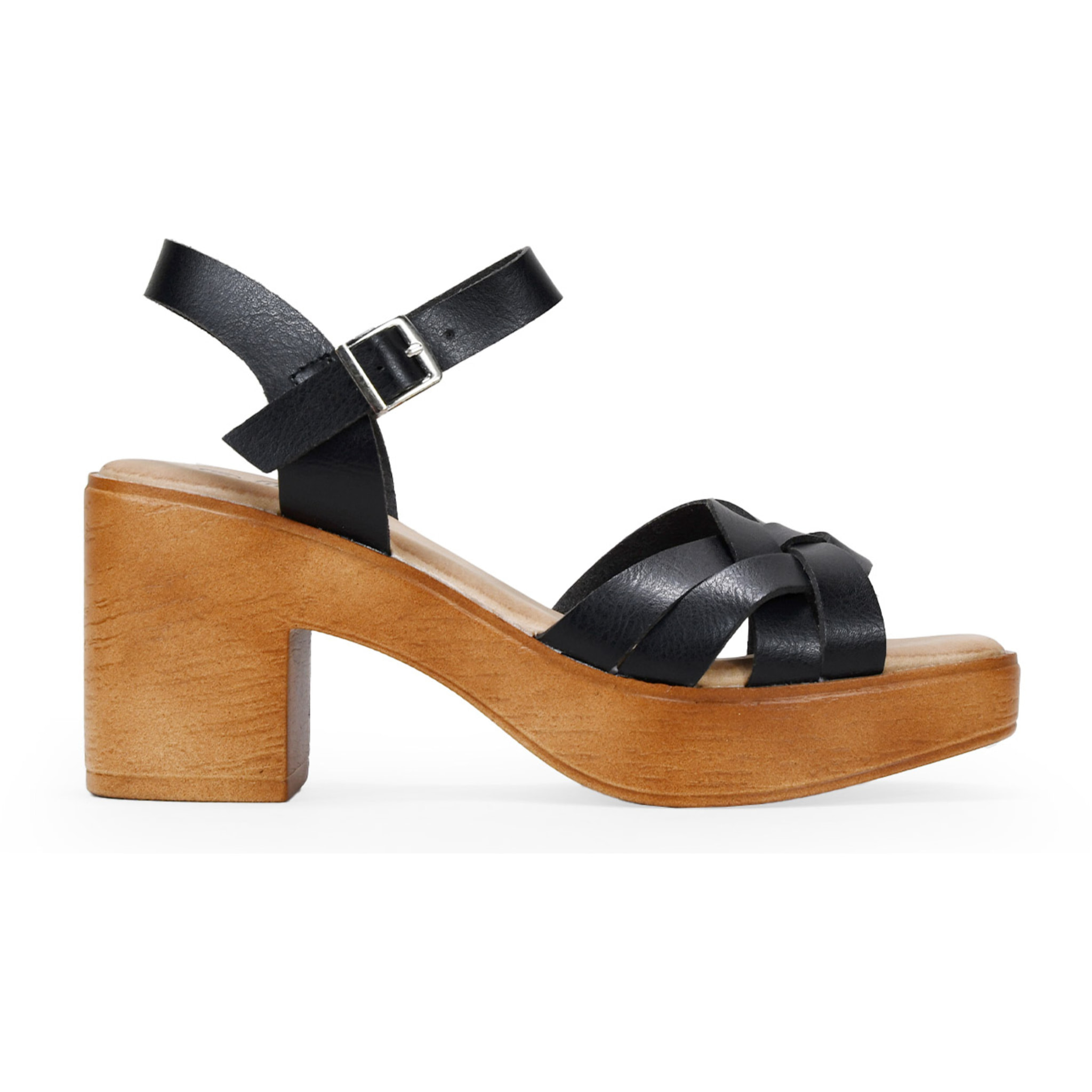 Sandalias de tacón negras efecto madera