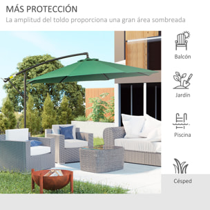 Outsunny Sombrilla de Jardín Ø300x250 cm Parasol Excéntrico Inclinable con Manivela Base Cruzada y Soporte de Acero Protección Solar para Terraza Exterior Verde