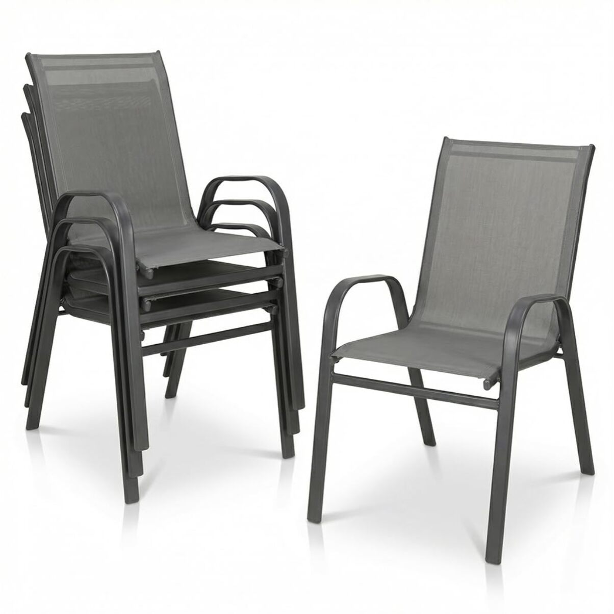 Set 4 sedie da giardino in acciaio zincato verniciato a polvere con seduta in texilene traspirante, resistenti agli agenti atmosferici, leggere e confortevoli, ideali per balcone terrazzo e outdoor, facili da pulire e durevoli