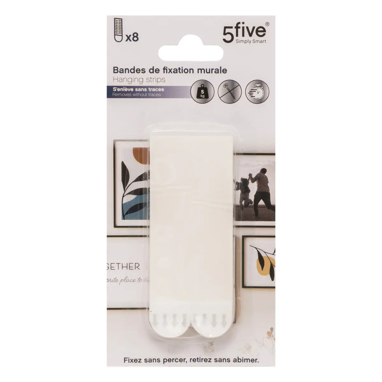 8 bandes de fixation murale sans perçage blanc 9,3x1,9cm
