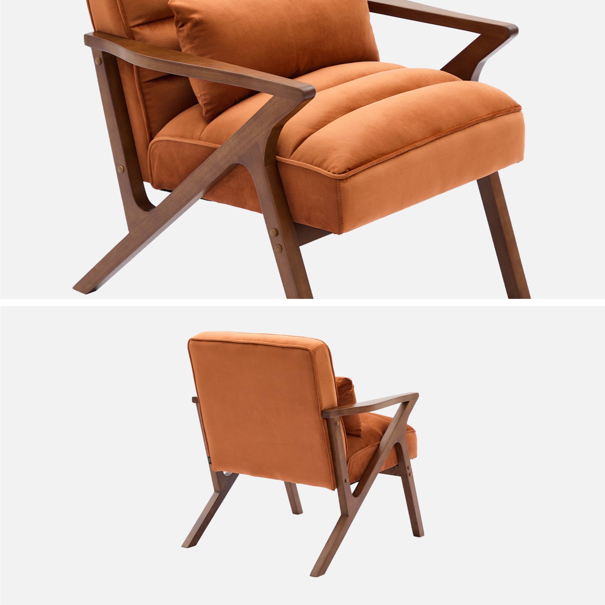 Fauteuil scandinave bois d'hévéa et velours terracotta