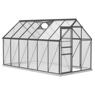 Serre de jardin polycarbonate alu 7 m² dim. 3,75L x 1,9l x 1,99H m lucarne réglable fondation porte coulissante gris