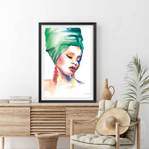 Affiche mode Portrait turban vert Affiche + cadre en bois - Noir