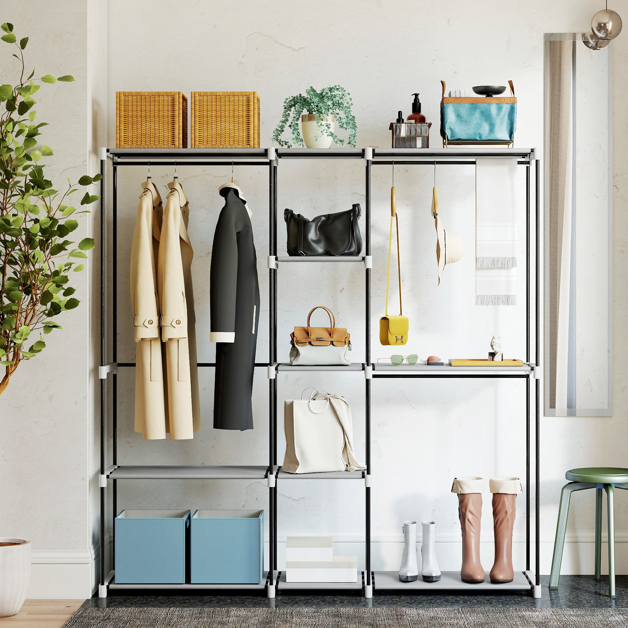 Armario de Ropa, Perchero, 182x43x185 cm, Armario Abierto con 8 Estantes de Tela, Barras para Colgar, Marco de Metal, para Dormitorio, Salón, Vestidor, Gris Claro