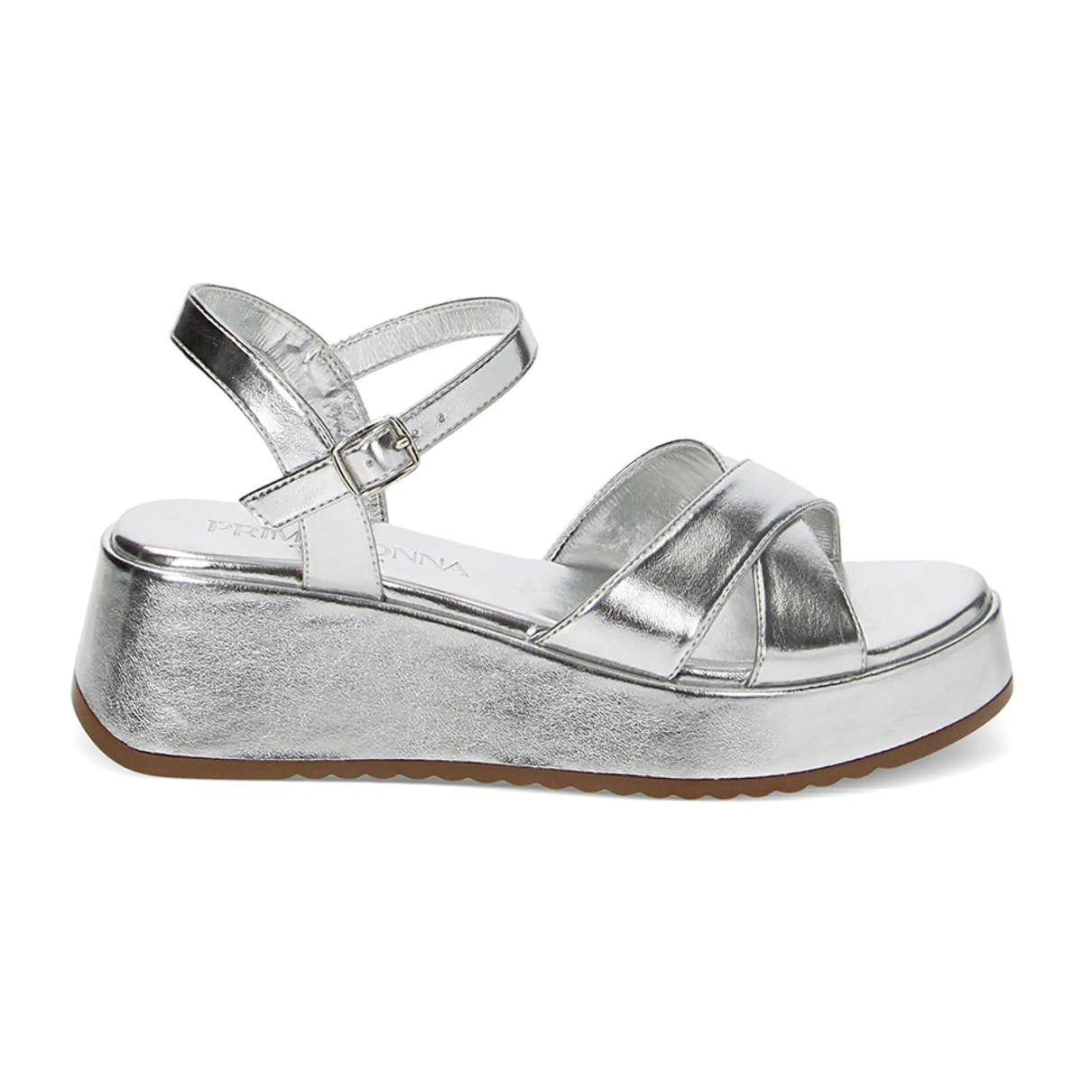 Sandali argento in laminato, zeppa 5,5 cm