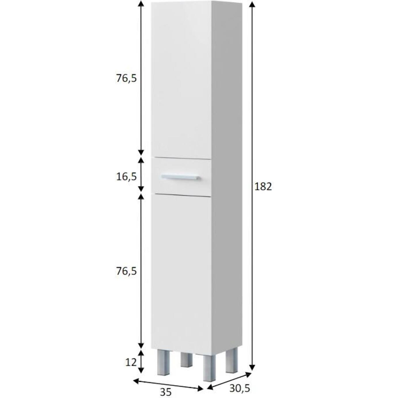 Mobile colonna Alka, Pensile bagno con 2 ante e 1 cassetto, Armadio alto, 35x31h182 cm, Bianco lucido