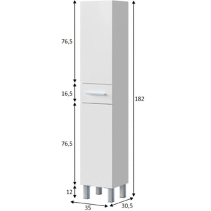 Mobile colonna Alka, Pensile bagno con 2 ante e 1 cassetto, Armadio alto, 35x31h182 cm, Bianco lucido