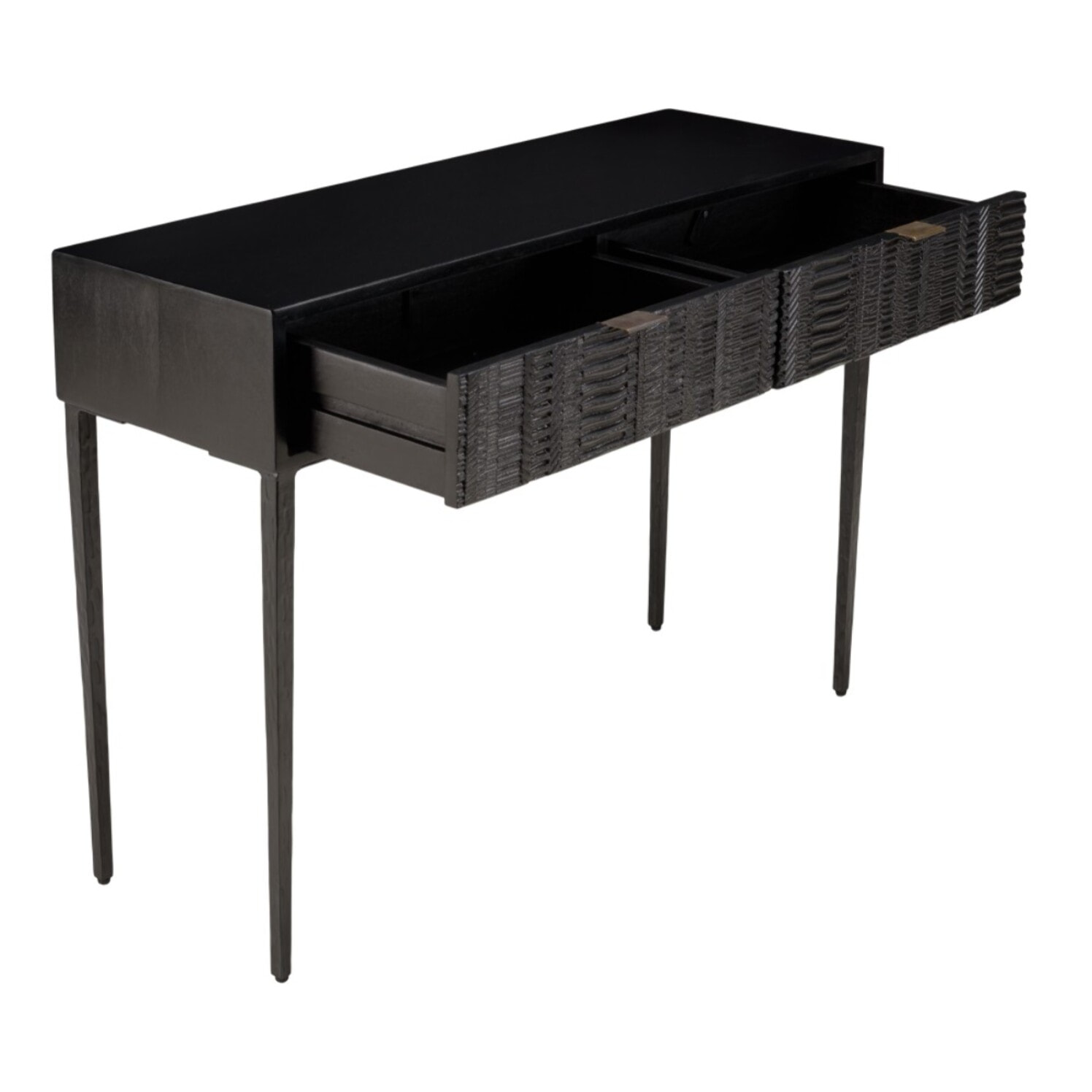 GLORIA - Console en manguier noir 2 tiroirs sculptés pieds en métal