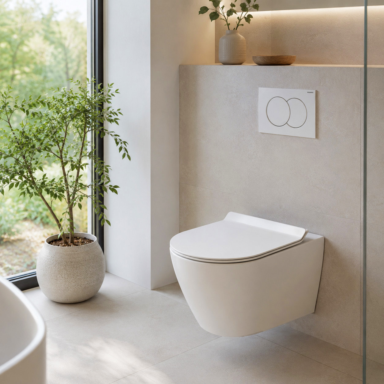 Duofix Pack WC bâti-support 112 cm + WC suspendu sans bride Ceramia avec abattant SoftClose + plaque blanche (GEBCEPXWT01-FR)