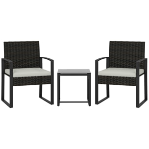 Conjunto de Jardín Exterior de 3 Piezas, Muebles Jardín Exterior de Ratán con 2 Sillas con Cojines Lavables y Mesa de Vidrio Templado, Resistente a Intemperie, para Balcón, Patio, Crema