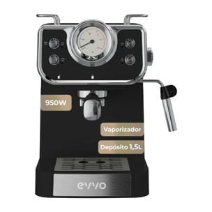 EVVO Cafetera Express Intensa Retro. 15 bares. cuerpo de acero. Espressos y Capuccinos. 950W. Doble salida. Portafiltros. Depósito de 1.5 l. calentamiento rápido