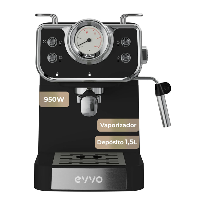 EVVO Cafetera Express Intensa Retro. 15 bares. cuerpo de acero. Espressos y Capuccinos. 950W. Doble salida. Portafiltros. Depósito de 1.5 l. calentamiento rápido