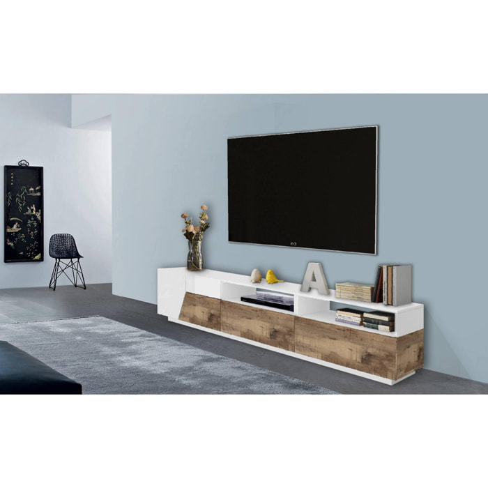 Mobile da soggiorno Porta TV, Made in Italy, Supporto per TV da salotto a 2 ante geometriche e 2 cassetti, Cm 200x43h46, Bianco lucido e Acero