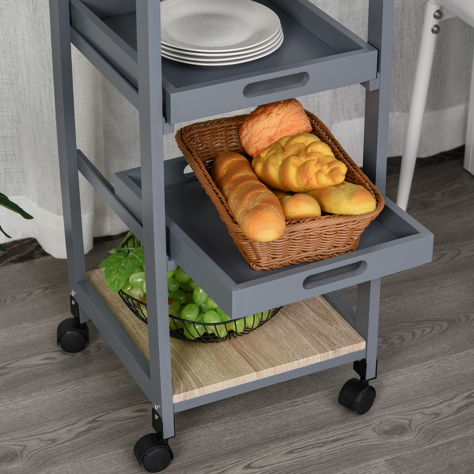 Chariot de service desserte de cuisine à roulettes 2 plateaux amovibles, tiroir, étagère MDF chêne clair bois pin gris