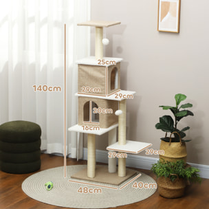 Árbol Rascador para Gatos de Borreguito Altura 140 cm Árbol para Gatos Torre para Gatos con 2 Nidos Plataformas Bolas Colgantes y Poste de Sisal Marrón Claro