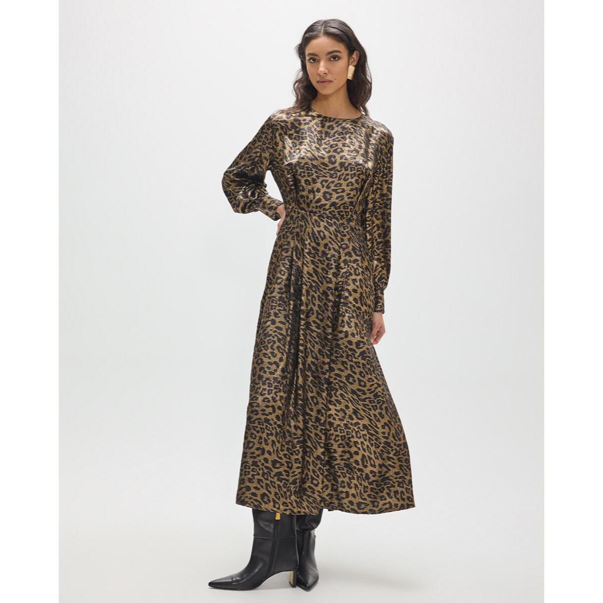 Abito midi stampato con scollo a scatola e tessuto elegante