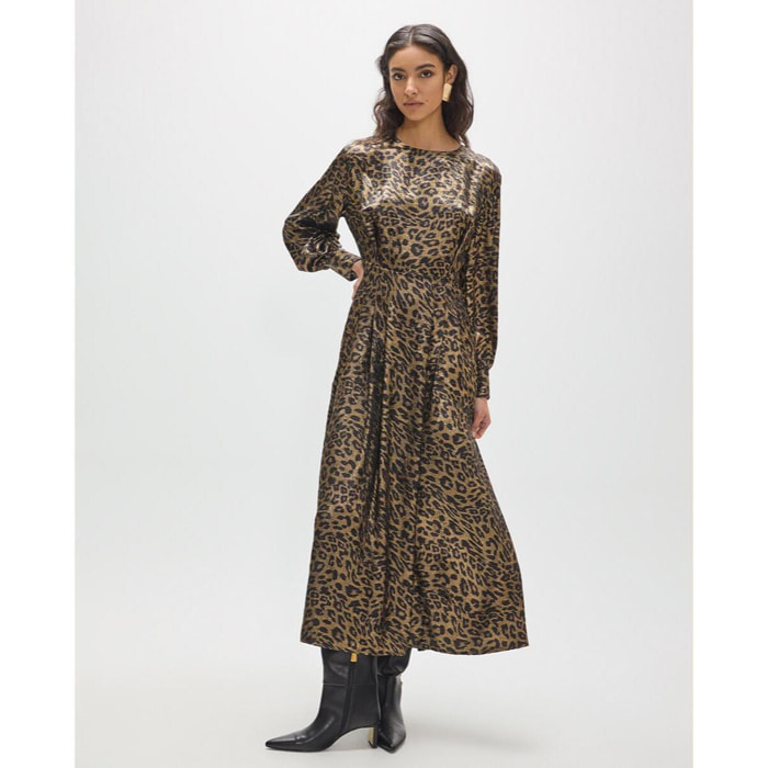 Abito midi stampato con scollo a scatola e tessuto elegante