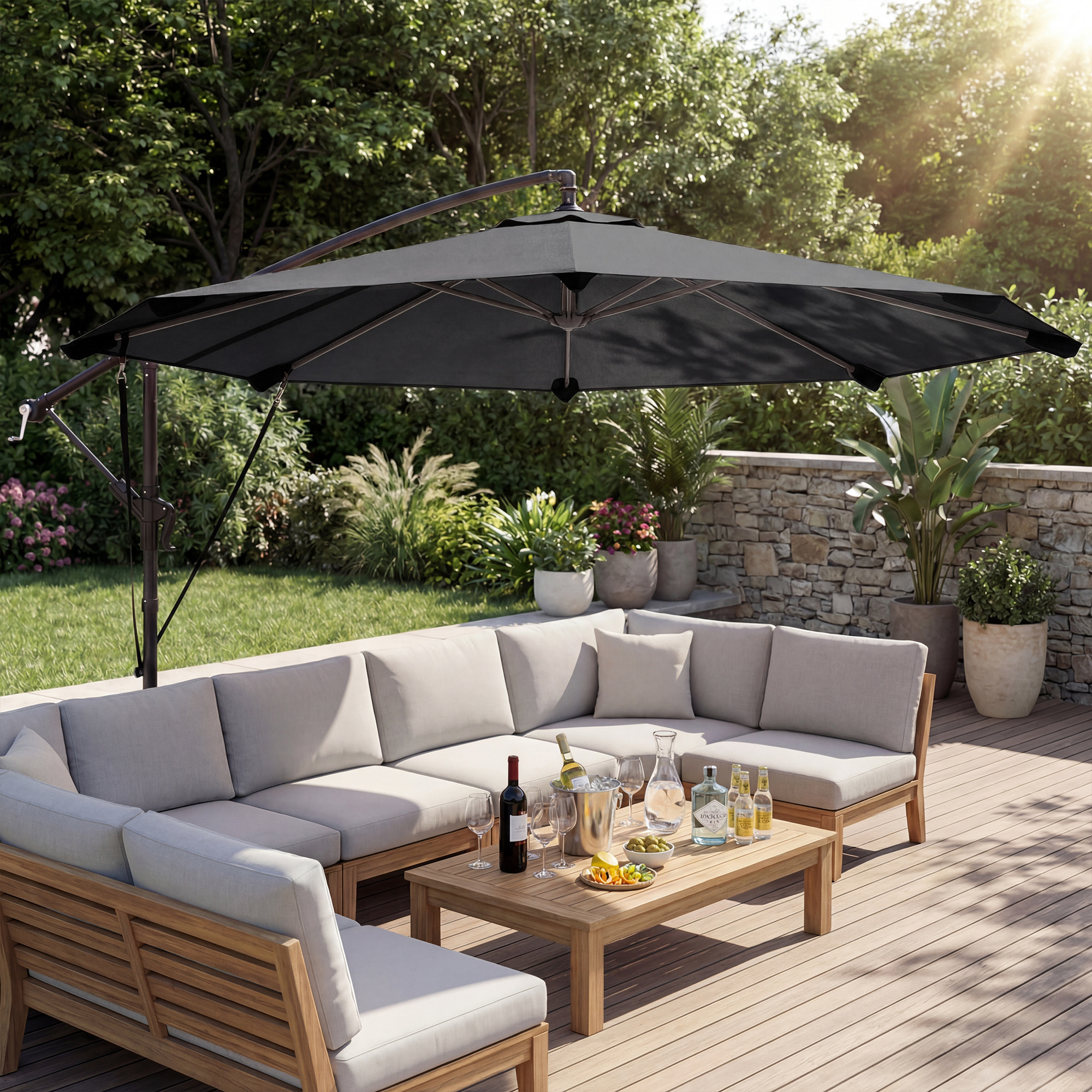Parasol Excéntrico, Ø300 cm, Sombrilla de Jardín con Base Cruzada, Manivela, Funda Protectora y Cuerdas de Viento, UPF30+, para Terraza, Patio, Gris Oscuro